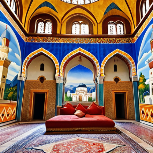 **Prompt:** Et'hem Bey Mosque, Tirana, detailed interior, vibrant Ottoman-era frescoes, showing landscapes, trees, waterfalls, blend of Ottoman and local Albanian art, sunny day. (Emphasis on colorful, detailed artwork).