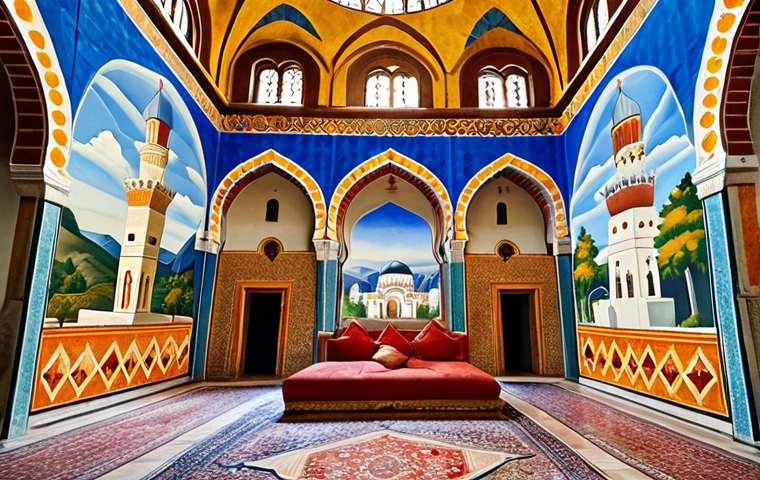 **Prompt:** Et'hem Bey Mosque, Tirana, detailed interior, vibrant Ottoman-era frescoes, showing landscapes, trees, waterfalls, blend of Ottoman and local Albanian art, sunny day. (Emphasis on colorful, detailed artwork).