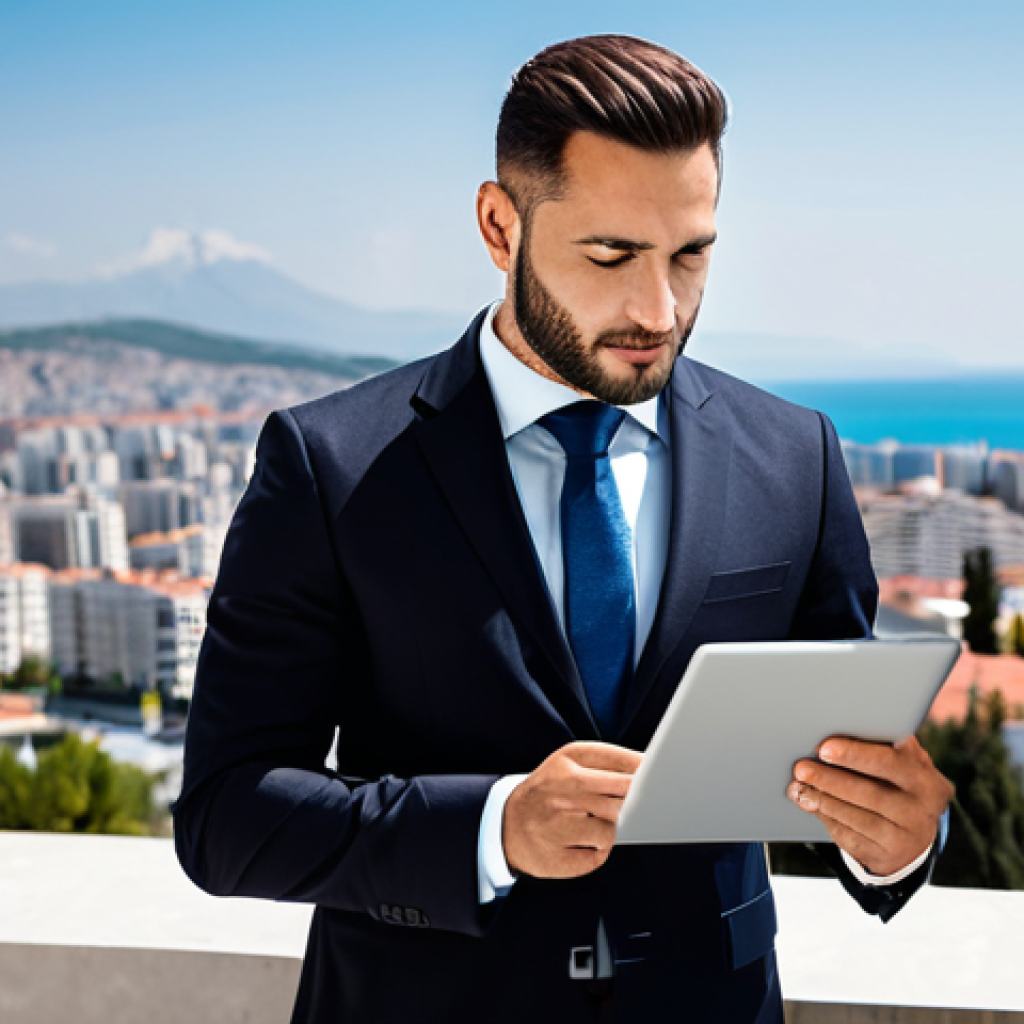 A confident professional individual, dressed in a sleek, modest business suit, reviewing digital real estate listings on a tablet, with a blurred background showing a modern Albanian coastal city skyline and new developments, bathed in soft daylight. The image conveys professionalism and a focus on investment opportunities. Safe for work, appropriate content, fully clothed, professional, perfect anatomy, correct proportions, natural pose, well-formed hands, proper finger count, natural body proportions, high-quality professional photography.