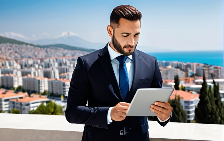 A confident professional individual, dressed in a sleek, modest business suit, reviewing digital real estate listings on a tablet, with a blurred background showing a modern Albanian coastal city skyline and new developments, bathed in soft daylight. The image conveys professionalism and a focus on investment opportunities. Safe for work, appropriate content, fully clothed, professional, perfect anatomy, correct proportions, natural pose, well-formed hands, proper finger count, natural body proportions, high-quality professional photography.