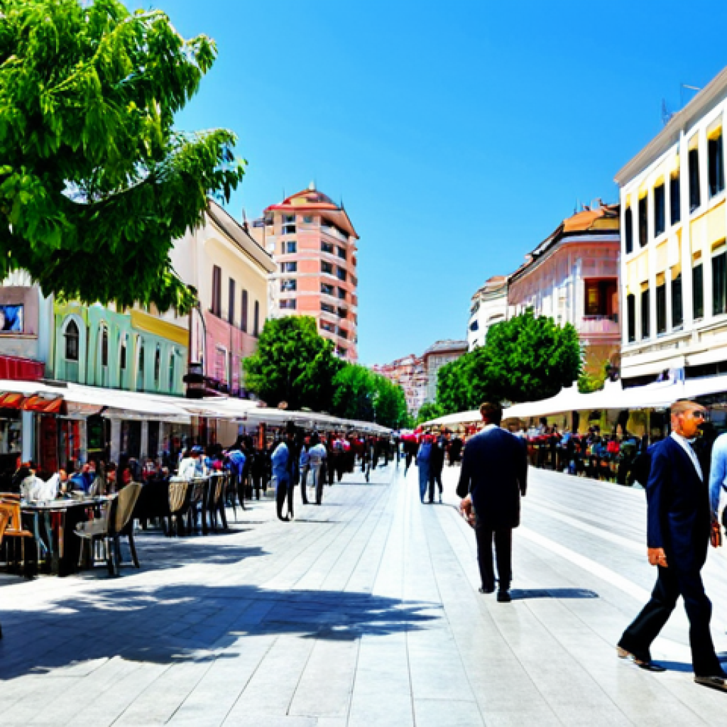 Tirana Cityscape**
"A bustling street scene in Tirana, Albania, featuring modern buildings alongside historic architecture. People are walking along the sidewalks, dressed in professional and modest clothing. Focus on the vibrant atmosphere, with cafes and shops lining the street. In the background, a clear blue sky. Perfect anatomy, correct proportions, natural pose. Safe for work, appropriate content, fully clothed, professional."
**