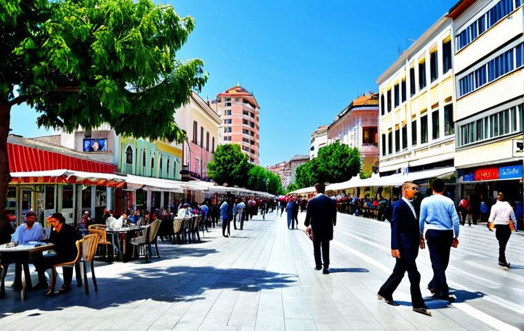 Tirana Cityscape**

"A bustling street scene in Tirana, Albania, featuring modern buildings alongside historic architecture. People are walking along the sidewalks, dressed in professional and modest clothing. Focus on the vibrant atmosphere, with cafes and shops lining the street. In the background, a clear blue sky. Perfect anatomy, correct proportions, natural pose. Safe for work, appropriate content, fully clothed, professional."

**