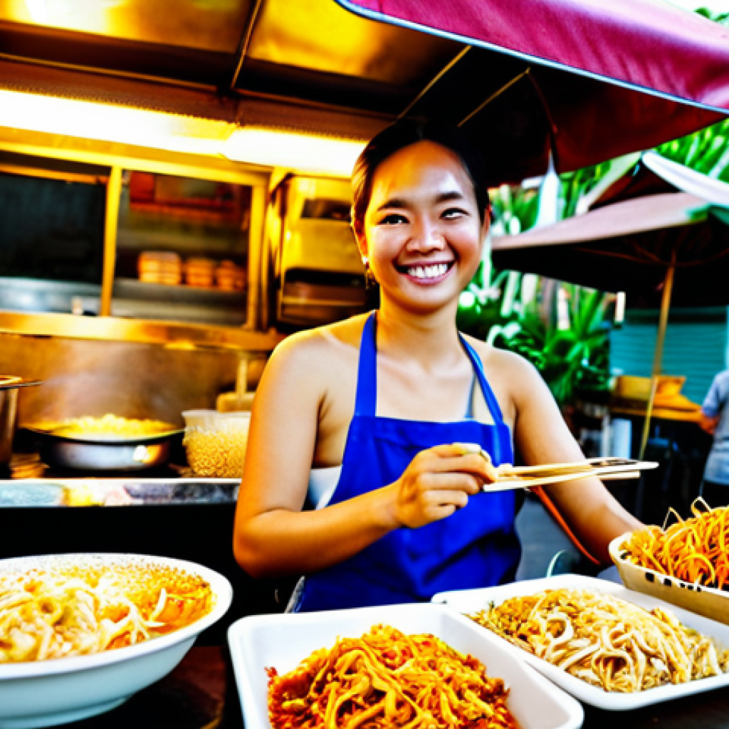 **

"A vibrant street food scene in Bangkok, Thailand at sunset.  A friendly female vendor is smiling as she prepares Pad Thai at her colorful food cart.  Customers are enjoying the delicious food at nearby tables.  Lush tropical plants and traditional Thai architecture are visible in the background.  Warm, inviting atmosphere.  Professional photography, high quality, realistic, safe for work, appropriate content, fully clothed, modest, family-friendly."

**