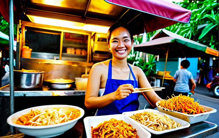 **

"A vibrant street food scene in Bangkok, Thailand at sunset.  A friendly female vendor is smiling as she prepares Pad Thai at her colorful food cart.  Customers are enjoying the delicious food at nearby tables.  Lush tropical plants and traditional Thai architecture are visible in the background.  Warm, inviting atmosphere.  Professional photography, high quality, realistic, safe for work, appropriate content, fully clothed, modest, family-friendly."

**