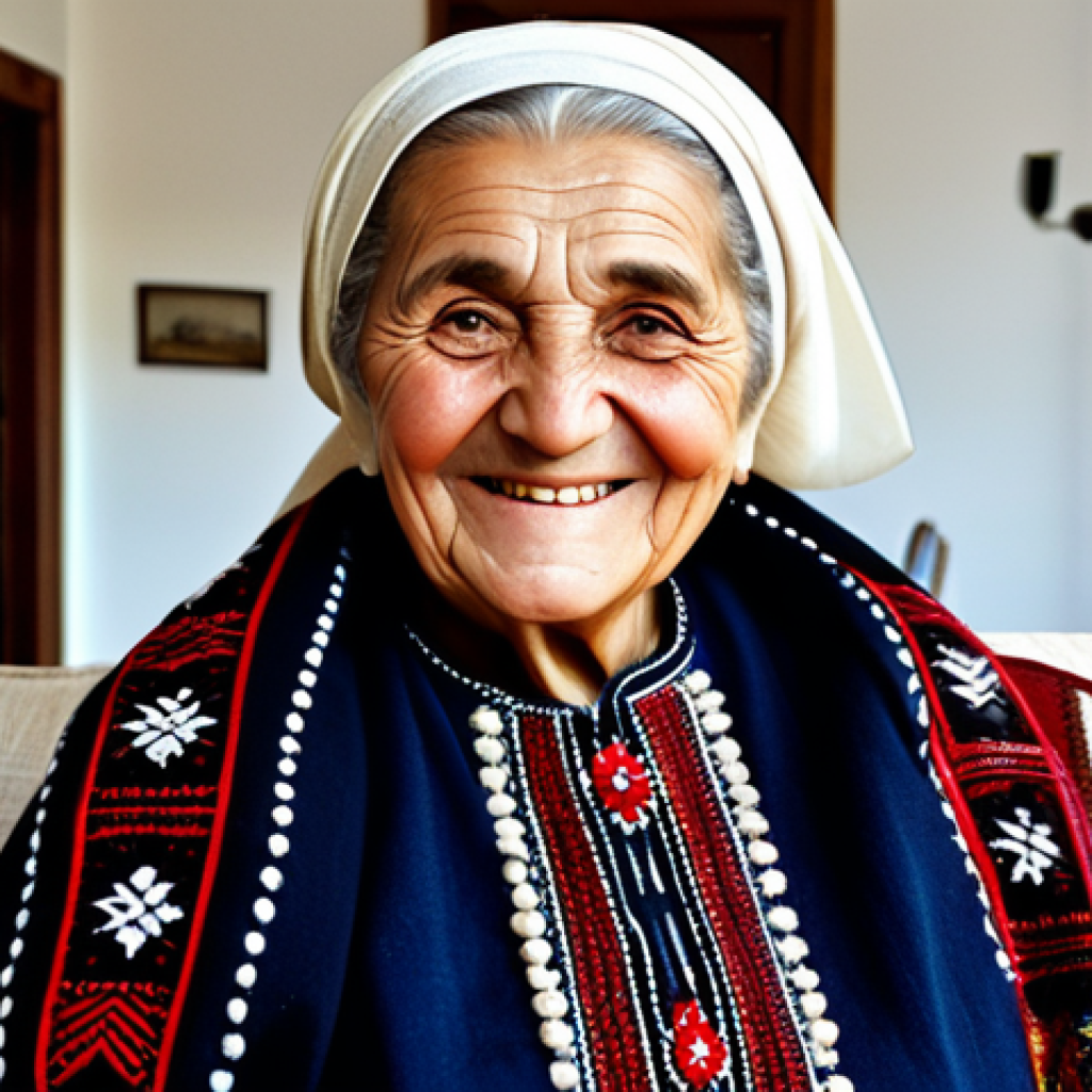 **Prompt 1:** A friendly Albanian grandmother in traditional dress, smiling warmly in her cozy living room filled with handcrafted textiles, fully clothed, modest attire, safe for work, perfect anatomy, natural proportions, family-friendly.