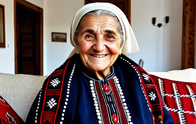 **Prompt 1:** A friendly Albanian grandmother in traditional dress, smiling warmly in her cozy living room filled with handcrafted textiles, fully clothed, modest attire, safe for work, perfect anatomy, natural proportions, family-friendly.