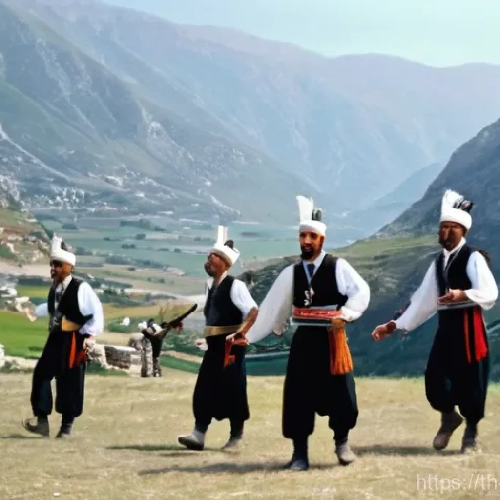 알바니아 전통 춤 - **Northern Albanian Men's Folk Dance:** A powerful and elegant scene depicting a group of strong Alb...