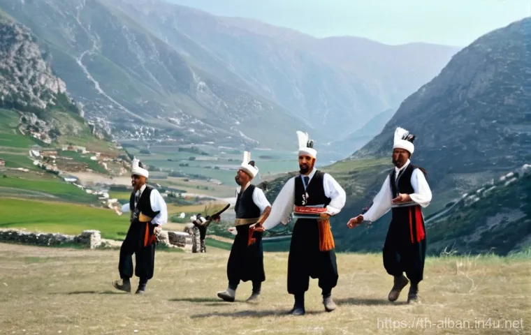 알바니아 전통 춤 - **Northern Albanian Men's Folk Dance:** A powerful and elegant scene depicting a group of strong Alb...