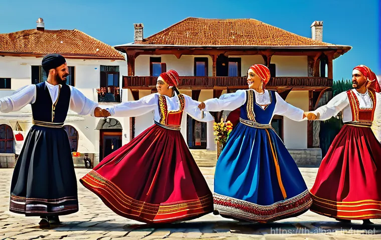알바니아 전통 춤 - **Northern Albanian Men's Folk Dance:** A powerful and elegant scene depicting a group of strong Alb...