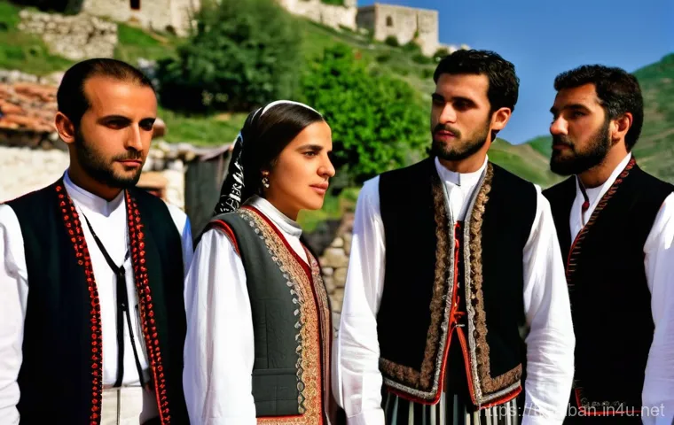 알바니아 음악 스타일 - **Prompt 1: Southern Albanian Polyphonic Harmony**
    "A group of five Albanian folk singers, three...