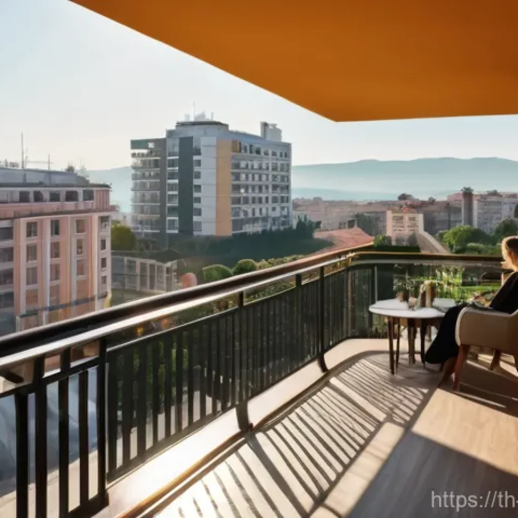 알바니아 5성급 호텔 - **Prompt:** A serene and luxurious morning scene from a high-floor hotel balcony in Tirana, Albania....