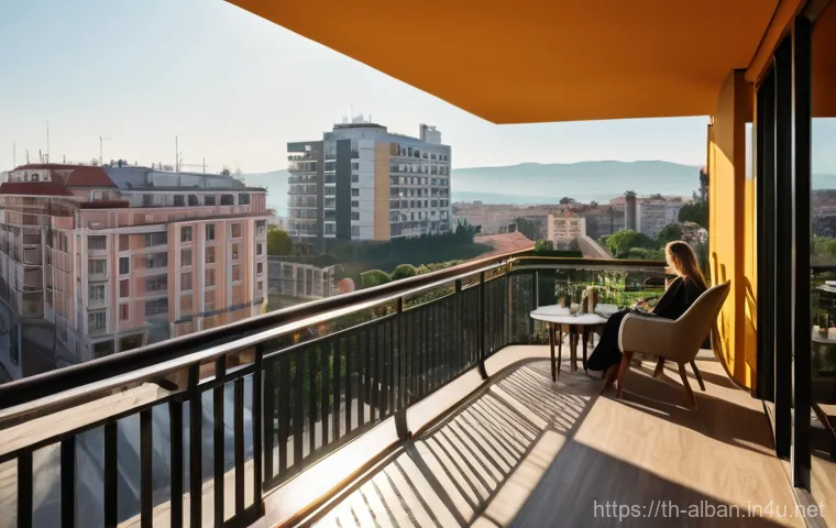 알바니아 5성급 호텔 - **Prompt:** A serene and luxurious morning scene from a high-floor hotel balcony in Tirana, Albania....