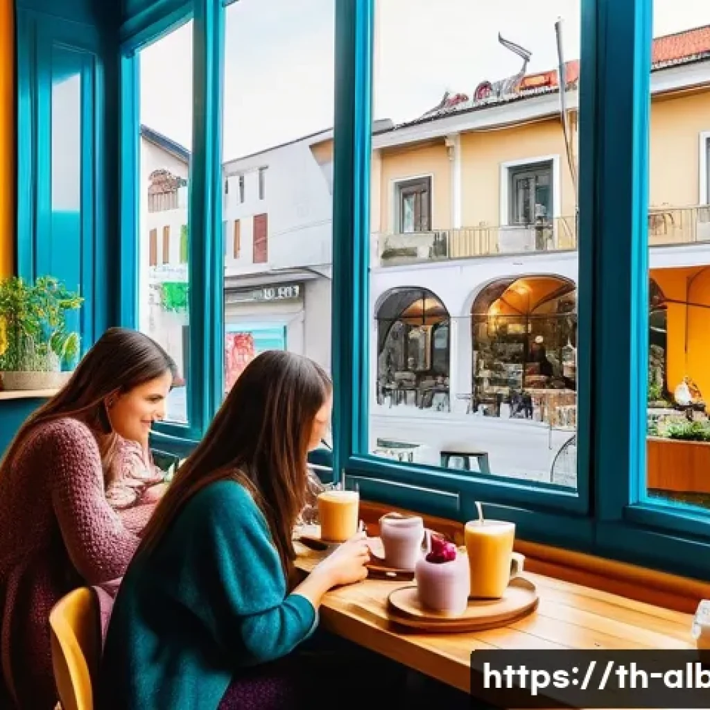 알바니아에서 채식주의 식당 - **A vibrant, sunlit modern vegan cafe in Tirana, Albania.** The scene captures a cozy interior with ...