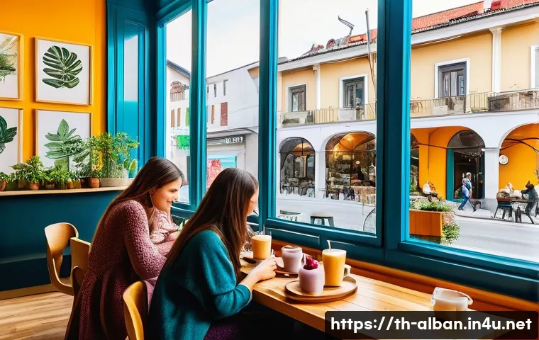 알바니아에서 채식주의 식당 - **A vibrant, sunlit modern vegan cafe in Tirana, Albania.** The scene captures a cozy interior with ...