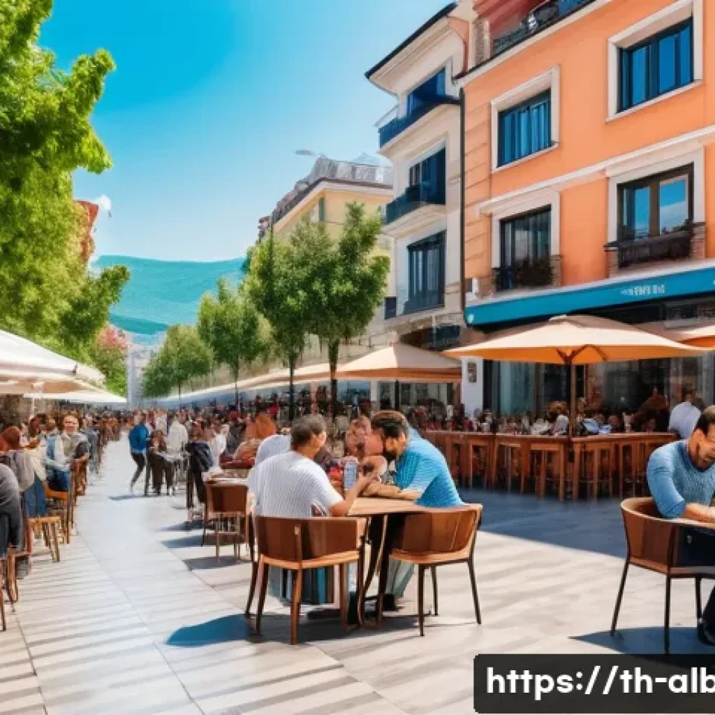 알바니아 인터넷 사용법 - A modern Albanian cityscape featuring a busy outdoor café in Tirana with people using laptops and sm...