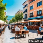 Home 22 알바니아 인터넷 사용법 - A modern Albanian cityscape featuring a busy outdoor café in Tirana with people using laptops and sm...