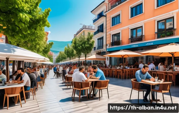 알바니아 인터넷 사용법 - A modern Albanian cityscape featuring a busy outdoor caf&eacute; in Tirana with people using laptops and sm...