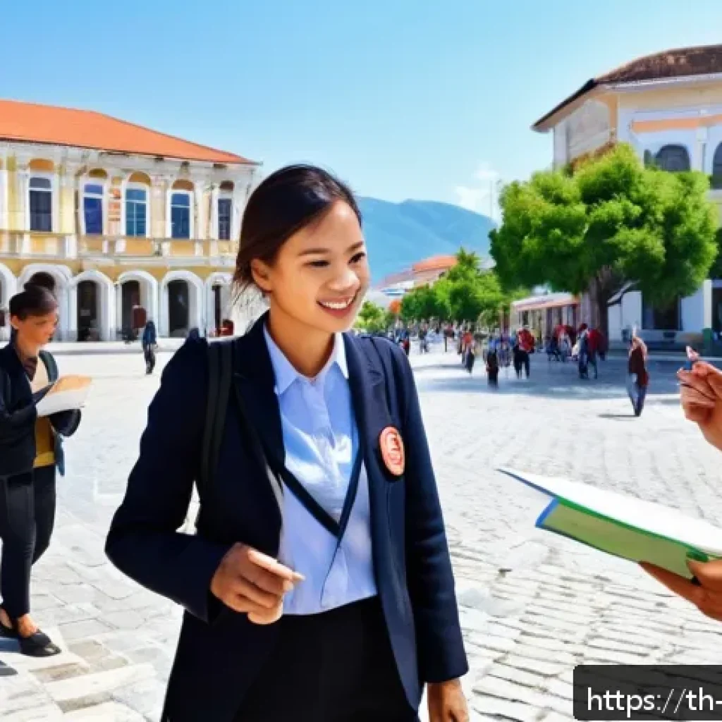 알바니아에서 가이드 투어 예약 - A professional Albanian tour guide leading a small group of Thai tourists through a historic city sq...
