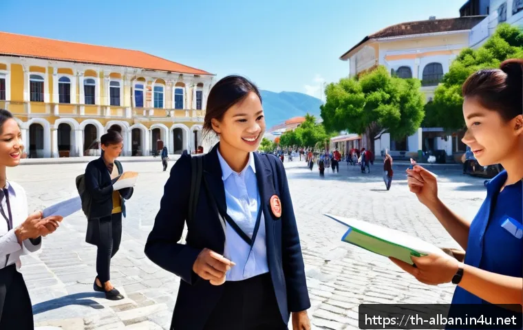 알바니아에서 가이드 투어 예약 - A professional Albanian tour guide leading a small group of Thai tourists through a historic city sq...