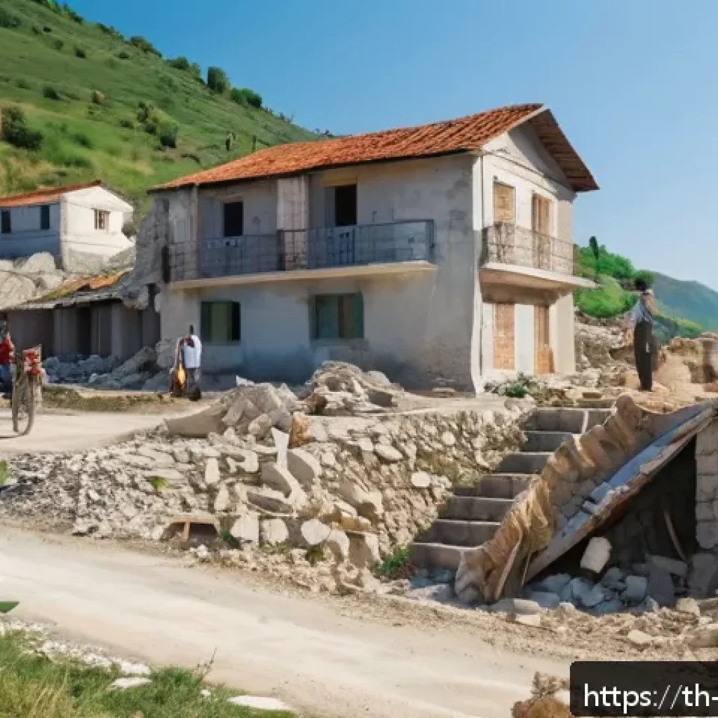 알바니아 내전 역사 - A detailed scene of a post-civil war Albanian village showing damaged infrastructure with broken roa...