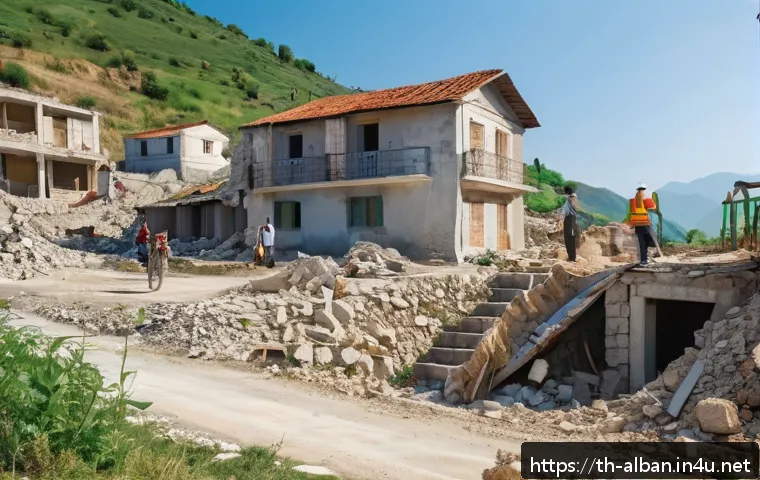 알바니아 내전 역사 - A detailed scene of a post-civil war Albanian village showing damaged infrastructure with broken roa...