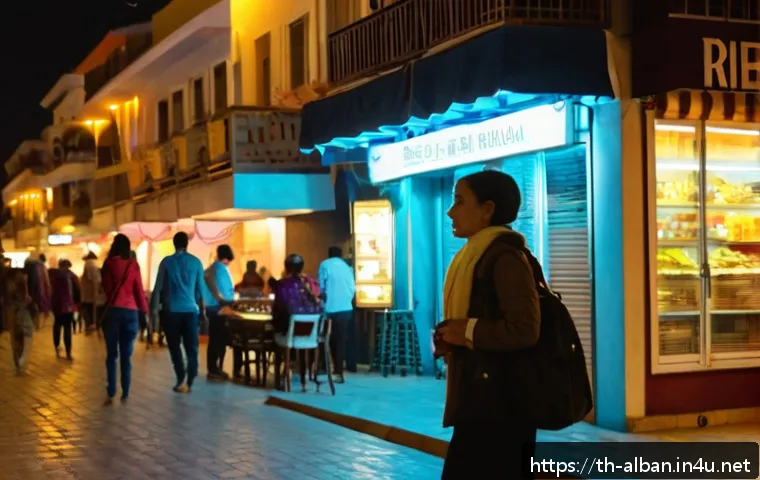 알바니아에서 주의할 범죄 - A bustling nighttime street scene in Tirana, Albania, featuring well-lit sidewalks lined with open s...