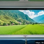 Home 18 알바니아 기차 여행 - A panoramic view from a clean, spacious Albanian train window showcasing diverse natural landscapes:...