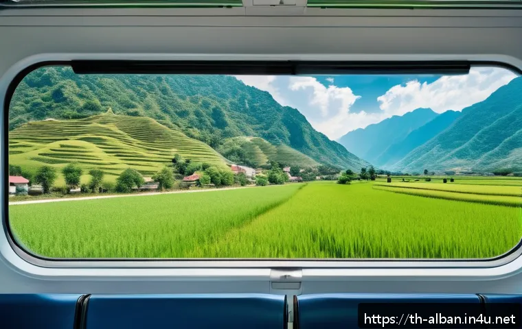 알바니아 기차 여행 - A panoramic view from a clean, spacious Albanian train window showcasing diverse natural landscapes:...