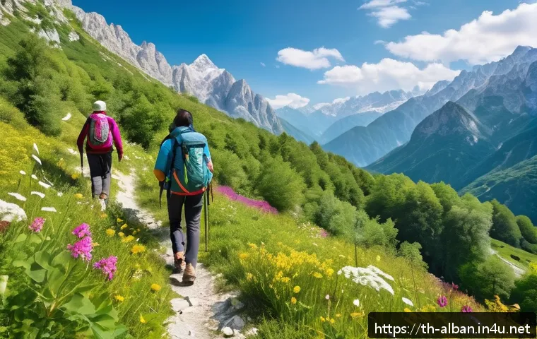 알바니아 날씨 및 기후 - A vibrant spring forest scene in the Albanian Alps, featuring lush green trees and colorful wildflow...