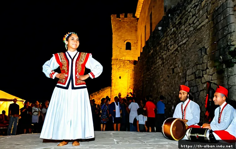 Home 17 알바니아 주요 축제 - Photorealistic evening scene at Albania’s Gjirokaster National Folklore Festival, traditional folk d...