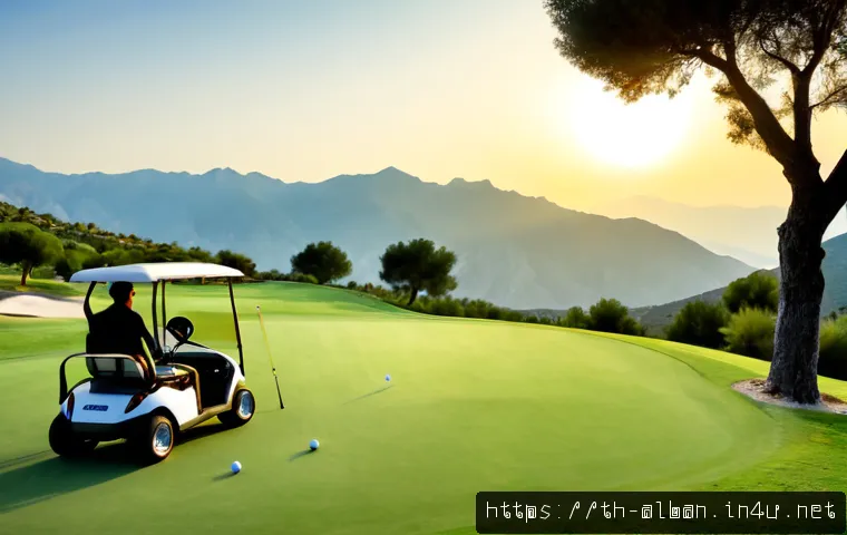알바니아에서 골프장 이용 - Photorealistic sunrise at a scenic golf course in Albania, a Thai couple in neat golf attire prepari...
