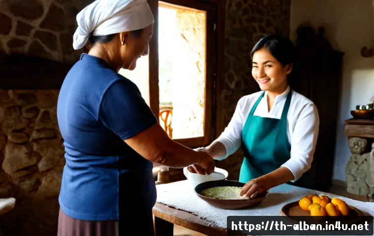 Home 17 알바니아에서 전통 요리 배우기 - Photorealistic Albanian cooking lesson in a warm rustic stone kitchen, a friendly local grandmother ...